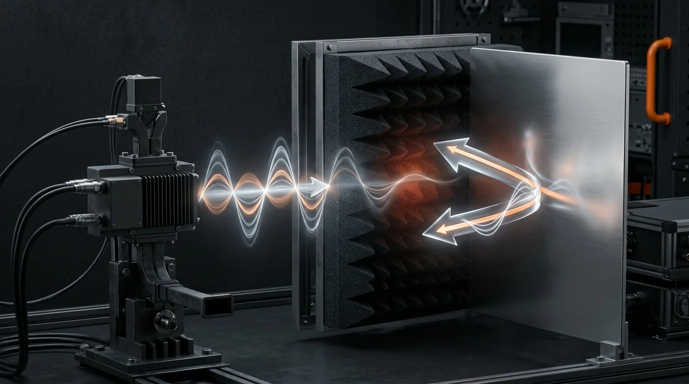 A metal shield can reflecting an RF wave back into the enclosure, beside a dark absorber sheet that dissipates it as heat