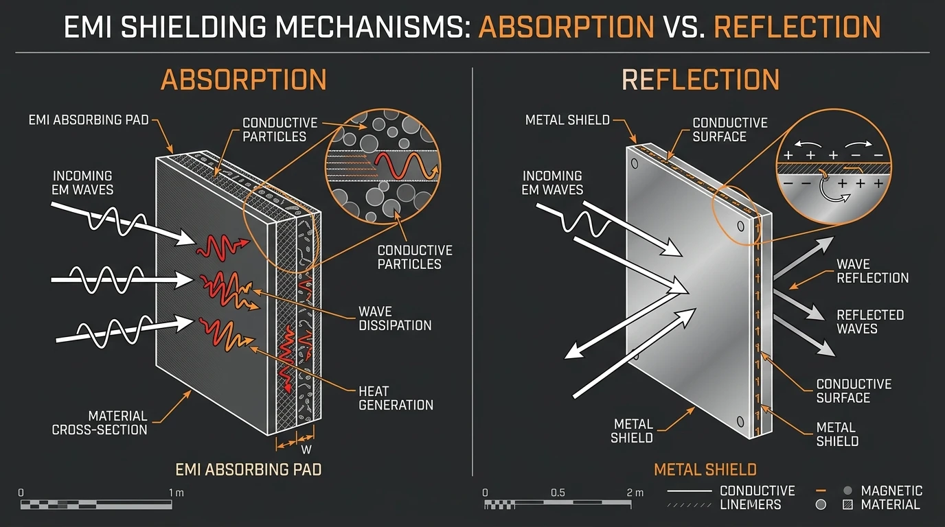 EMI absorption versus shielding diagram: an absorber dissipates incident waves while a shield reflects them back into the enclosure