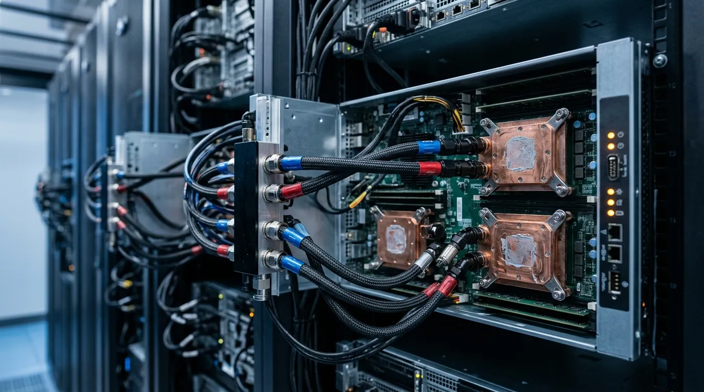 Row of AI server racks with liquid cooling manifolds and cold plates connected to compute trays in a modern data center