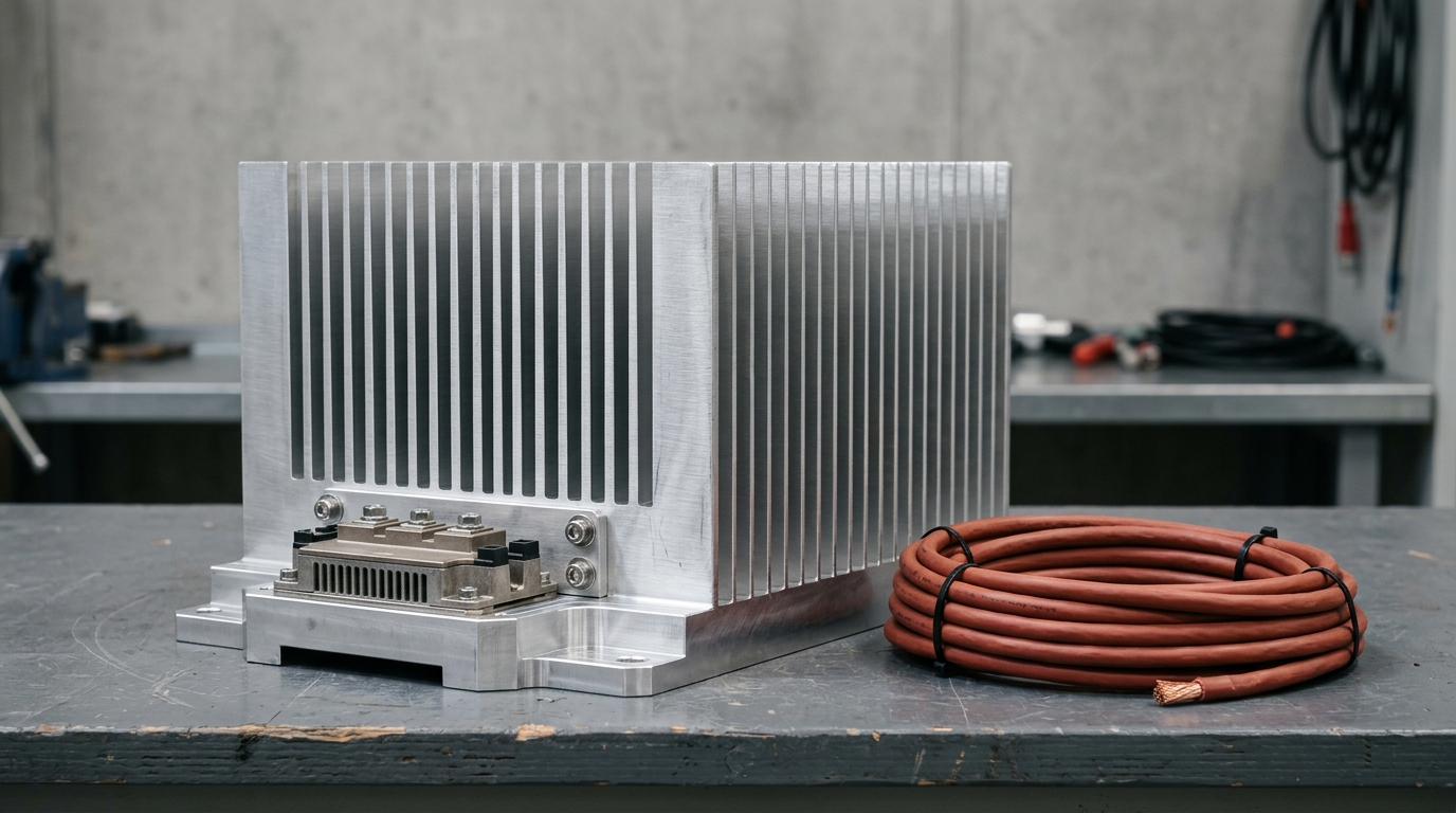 An extruded aluminum heatsink carrying a bolted power module, the case where concentrated heat keeps aluminum in the design