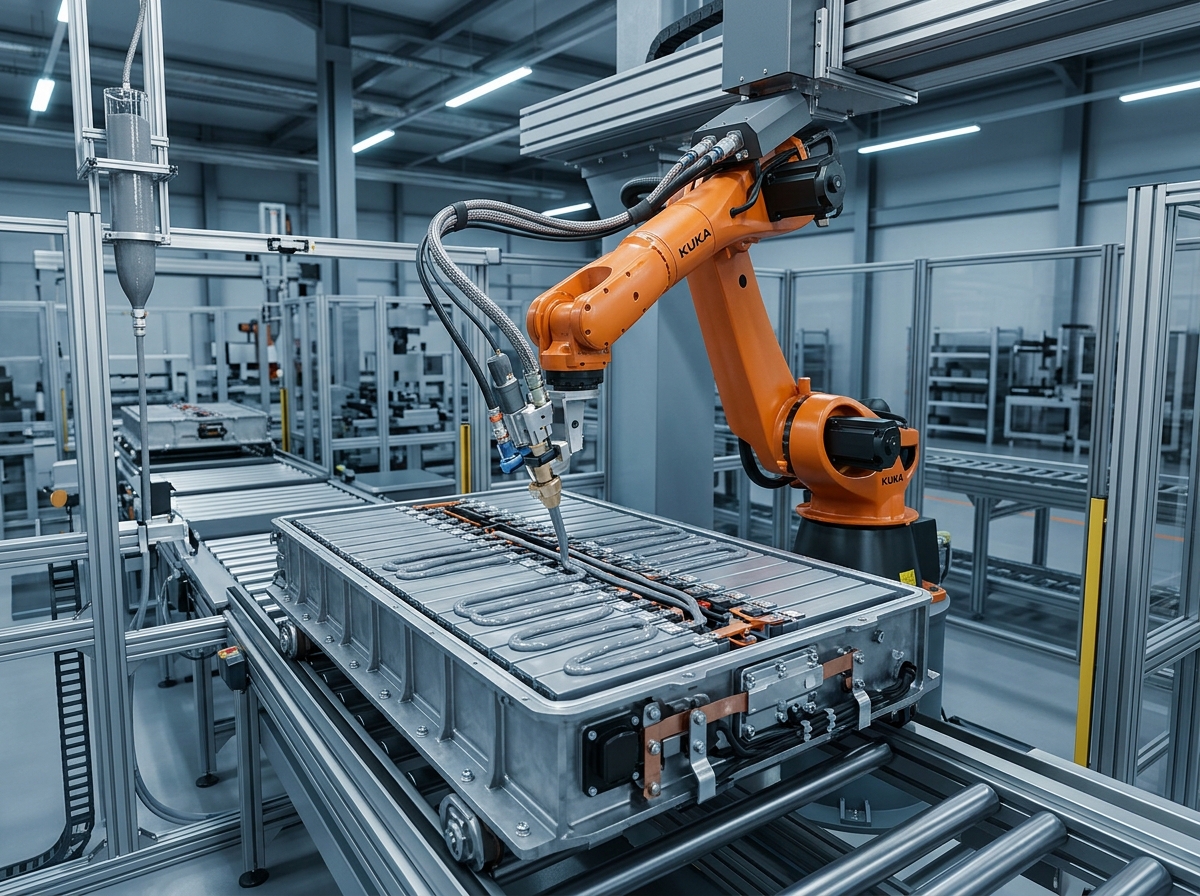 Automated dispensing robot applying a thermal gap filler bead onto an EV battery module on an assembly line