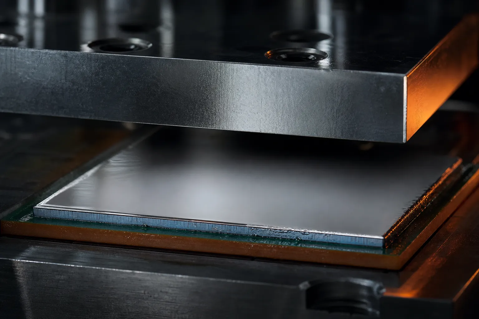 Machined cold plate hovering above a substrate-mounted package with a reflective metallic interface layer between them