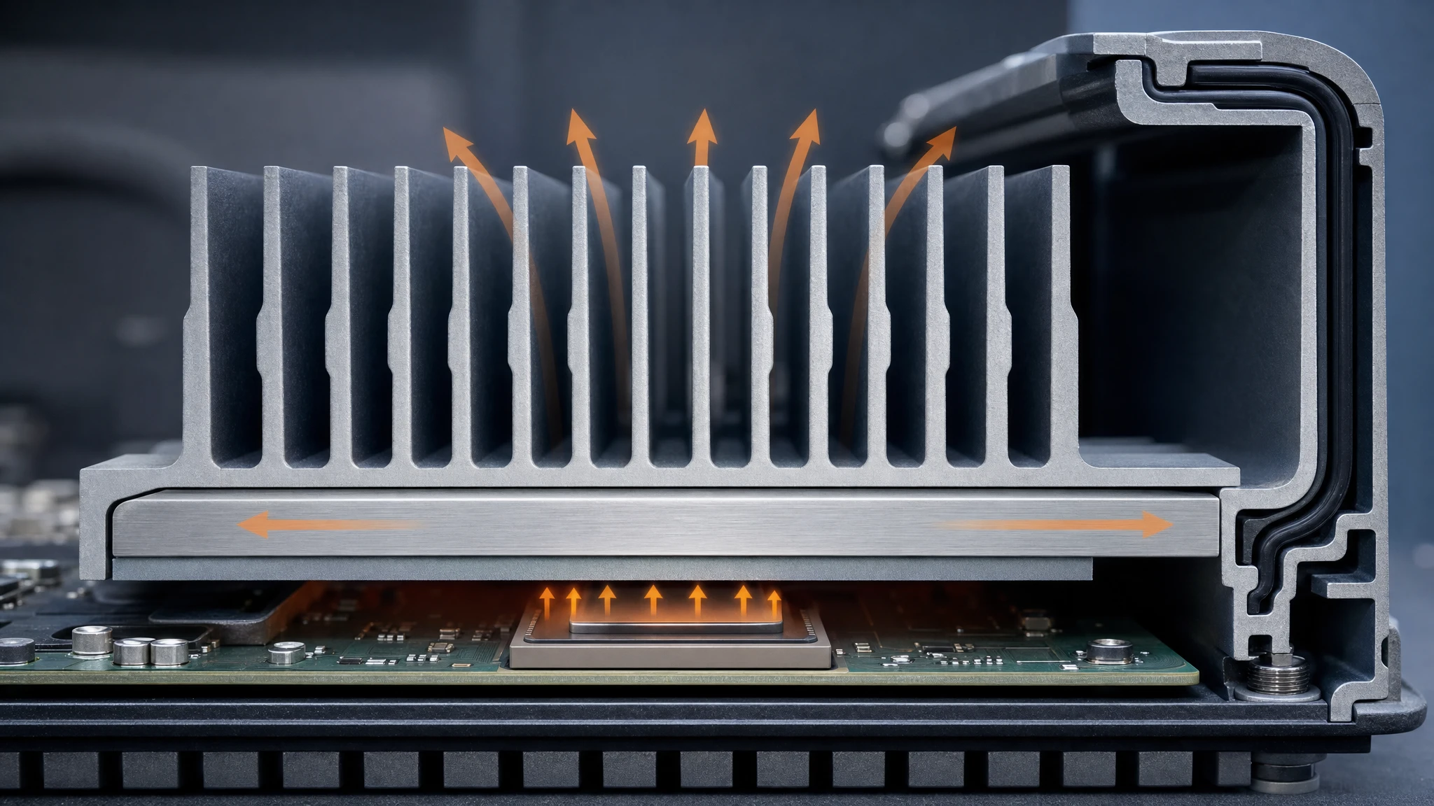 Schematic of a 5G radio unit's thermal stack: power amplifier die, board, thermal pad, vapour chamber and heat sink fins