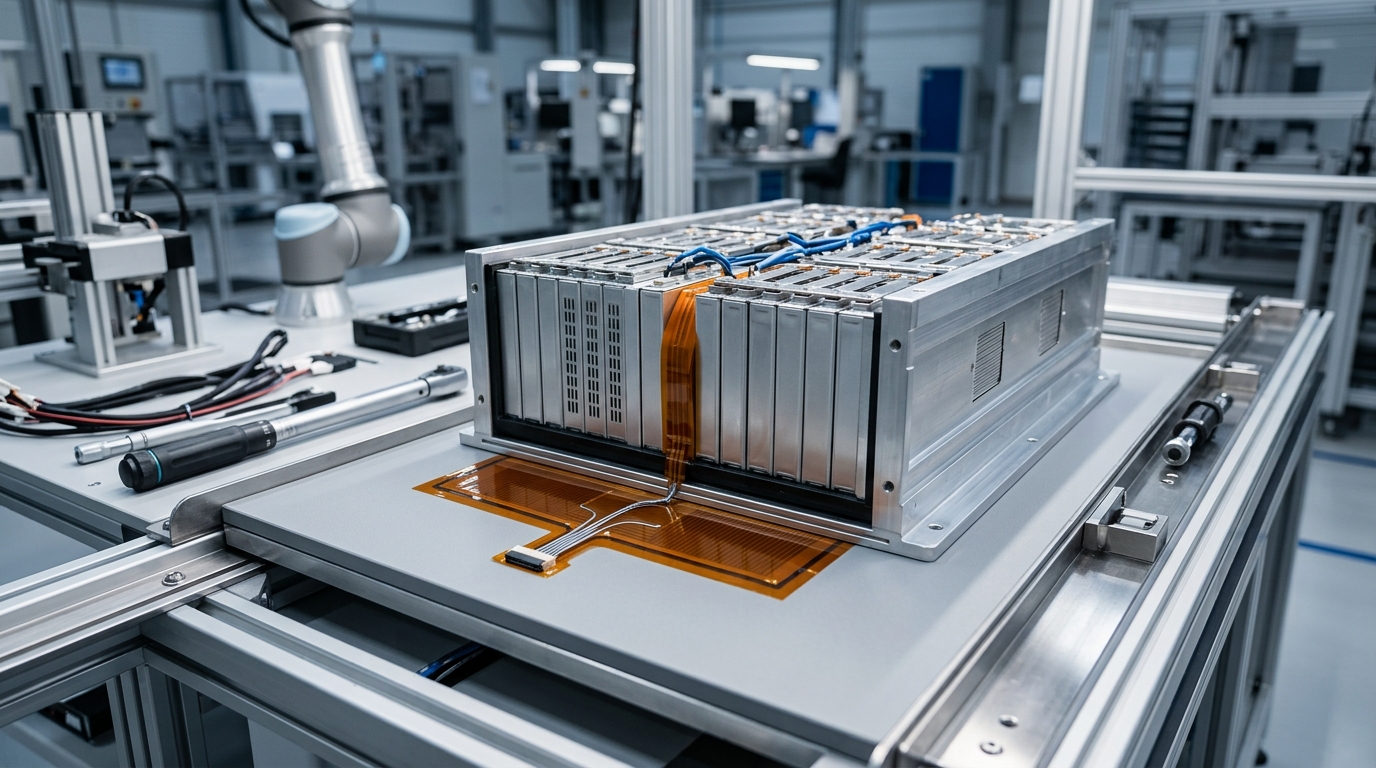 EV battery module on an assembly bench with a heating film bonded to the module underside and a film strip between two prismatic cells