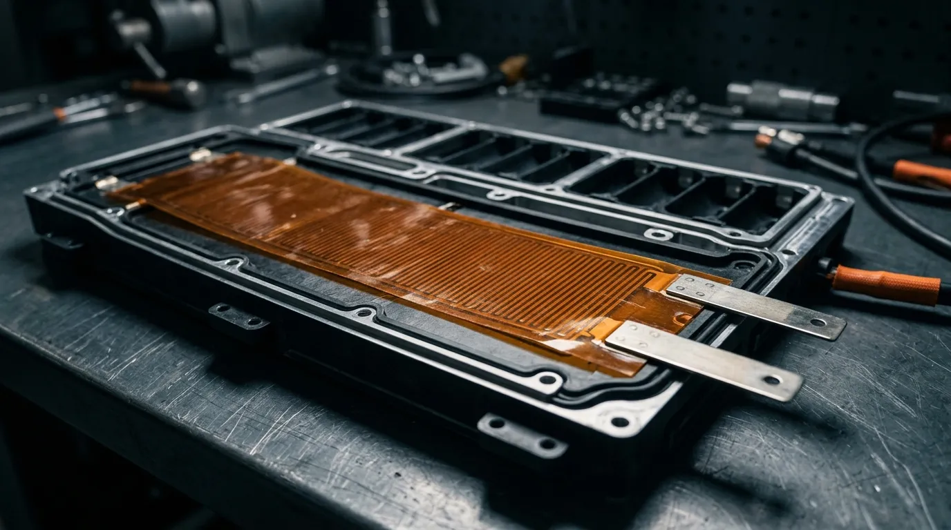 A thin translucent amber heating film with flat metal terminals lying across the base of an empty battery module tray