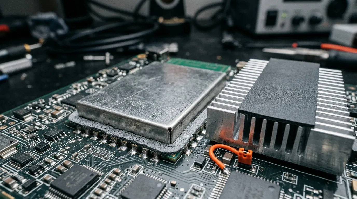 A PCB with a metal shield can, a conductive gasket along its seam and a thin absorber sheet on the heat sink