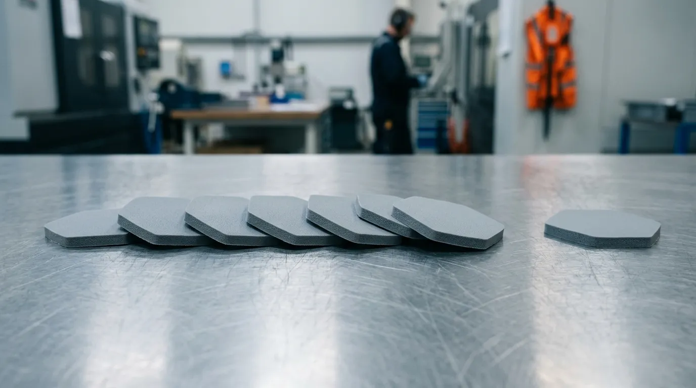 A row of identical gray die-cut thermal pads of the same size arranged in a straight line on a brushed steel inspection table