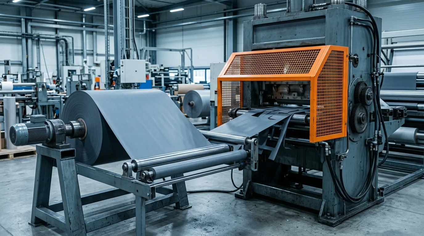 Rolls of gray silicone material feeding into a die-cutting press with orange safety guards on a converting production floor