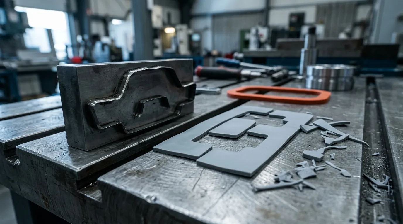 A steel die-cutting tool with a hand-formed blade outline lying beside freshly die-cut gray silicone thermal pads on a machined work surface