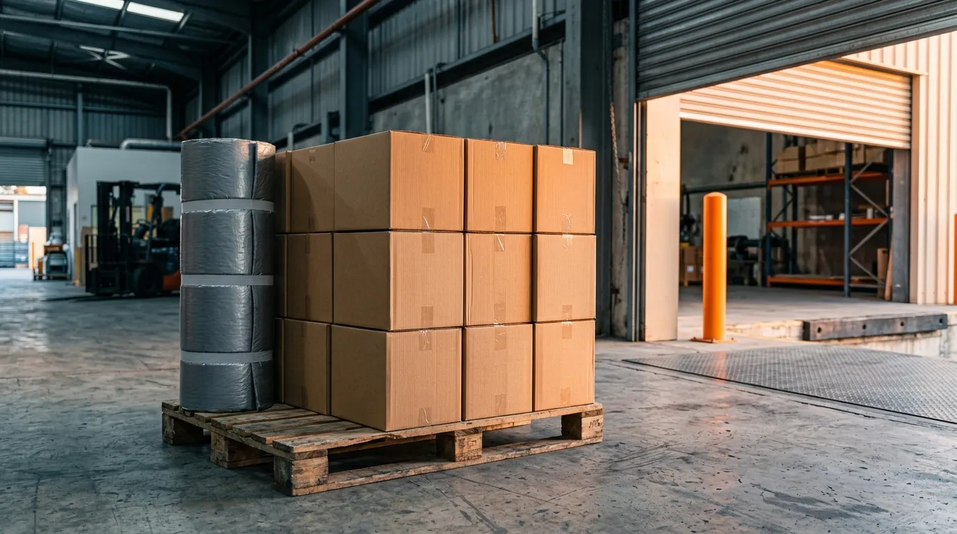 Stacked plain cardboard export cartons beside a roll of gray thermal material on a wooden pallet inside a loading bay