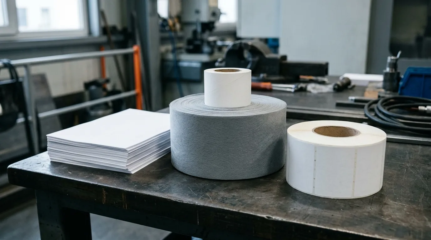 A roll of gray thermal interface material beside a stack of blank white paper documents and a roll of blank white labels on a bench