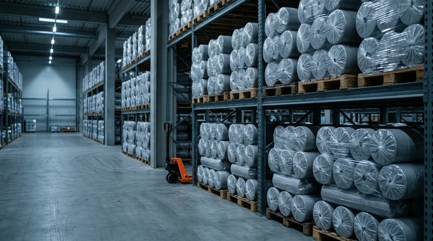 Shelves in a clean industrial warehouse stacked with cylindrical rolls of gray thermal interface material wrapped in plain film