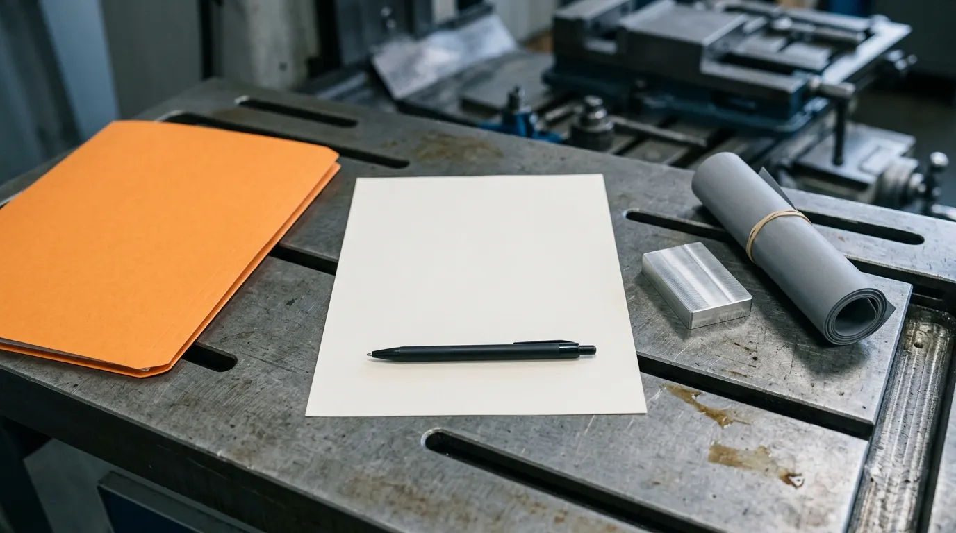 A blank sheet of paper, a machined aluminum test coupon and a rolled sheet of gray thermal material on a metal workbench