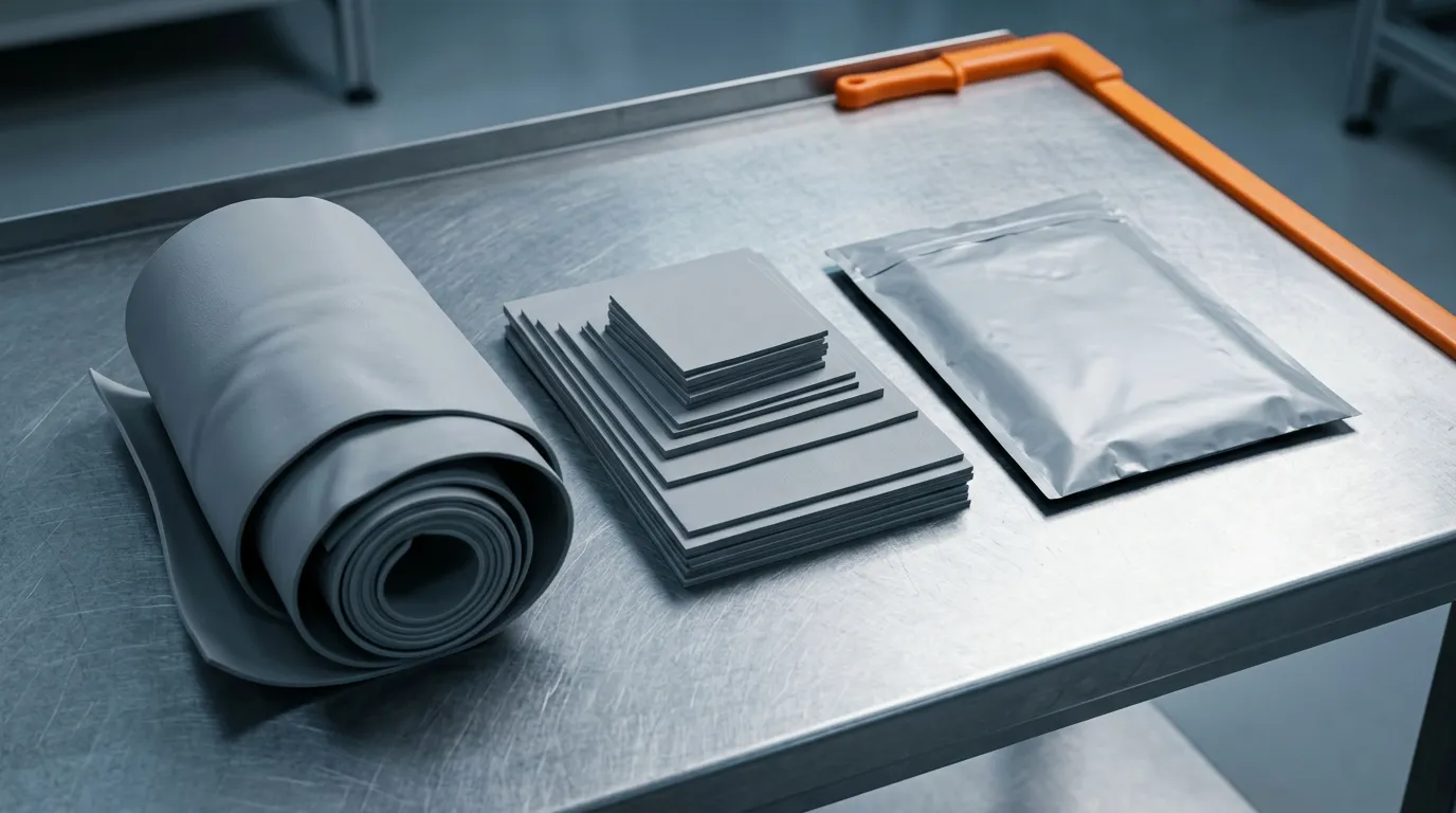 Three groups of gray thermal materials on a steel inspection bench: a rolled sheet, a stack of die-cut pad shapes and a sealed shipping pouch