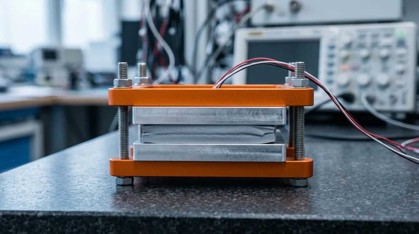 A soft gray thermal pad compressed between two machined aluminum platens on a granite surface plate, wired to an out-of-focus laboratory instrument