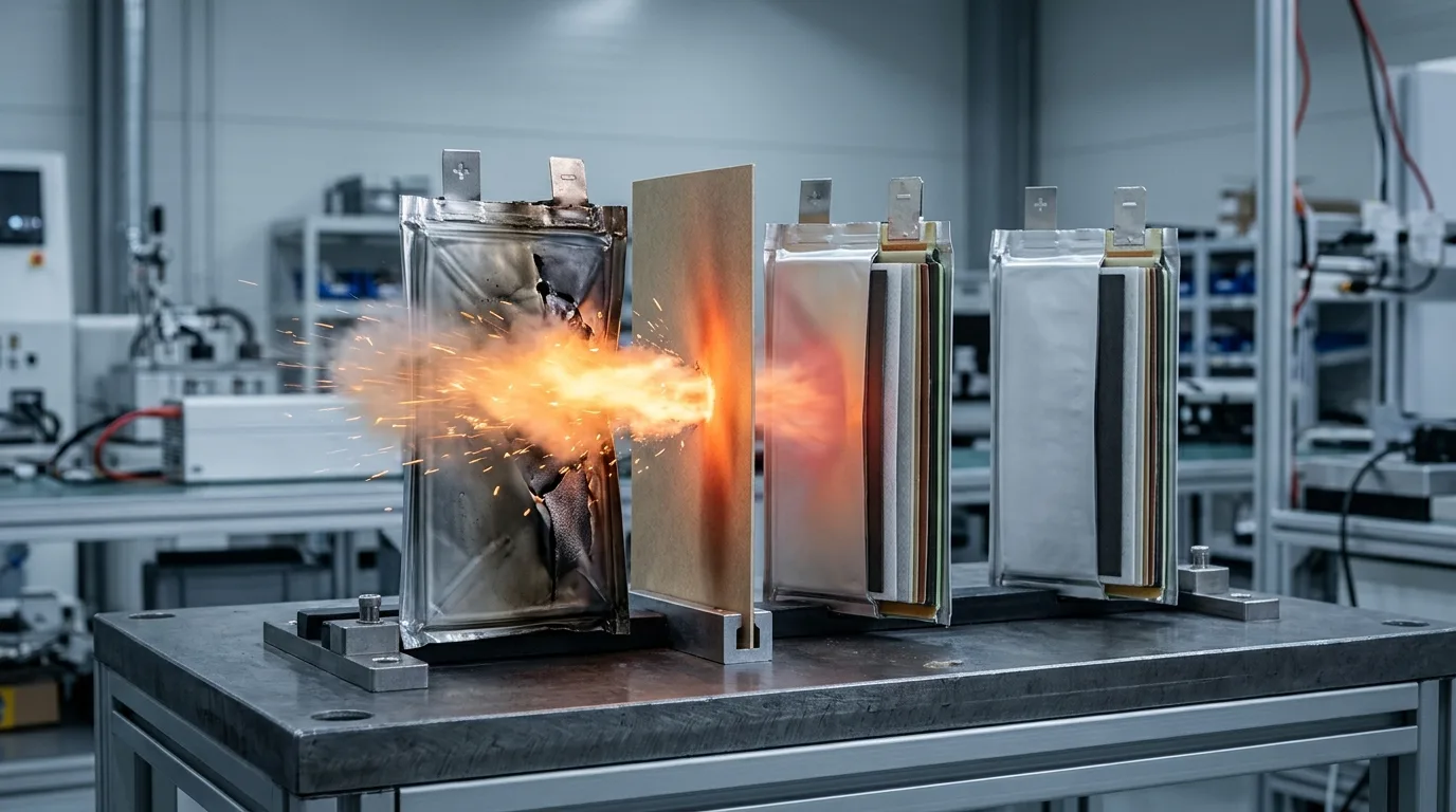 Photorealistic bench scene of a venting pouch cell's flame and particle jet passing the exposed edge of an undersized inter-cell barrier sheet toward two intact cells behind it