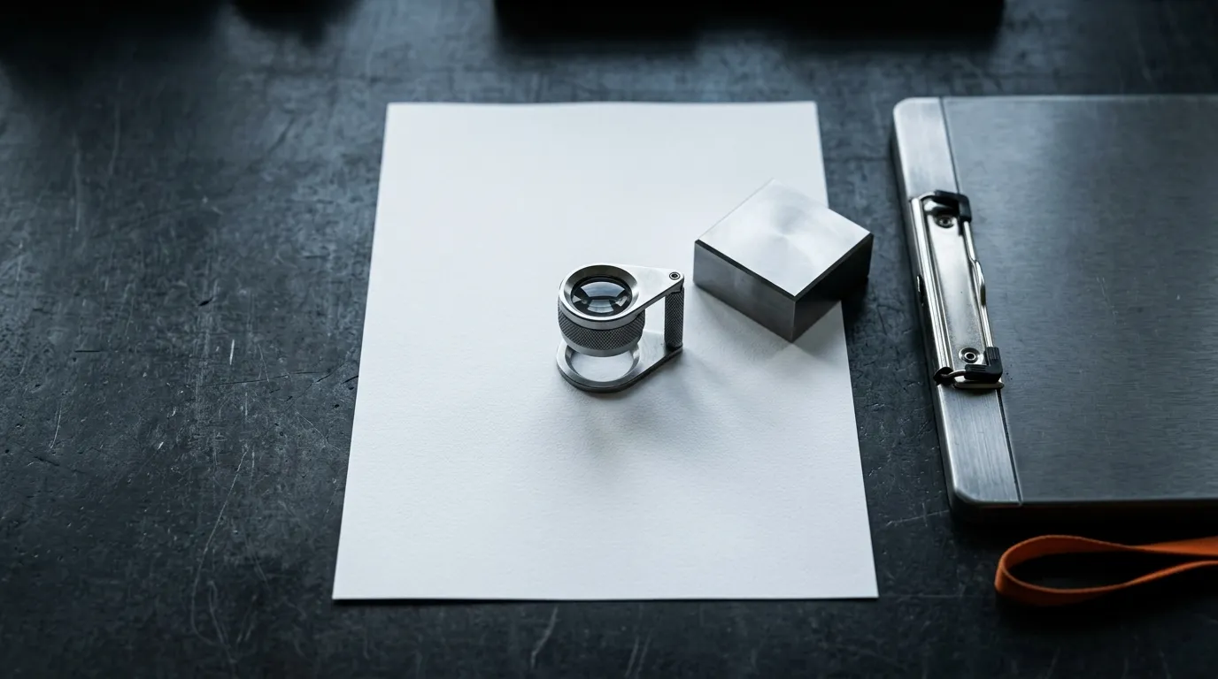 A blank document, a jeweller's loupe and a machined steel block on a dark desk during a supplier certificate review