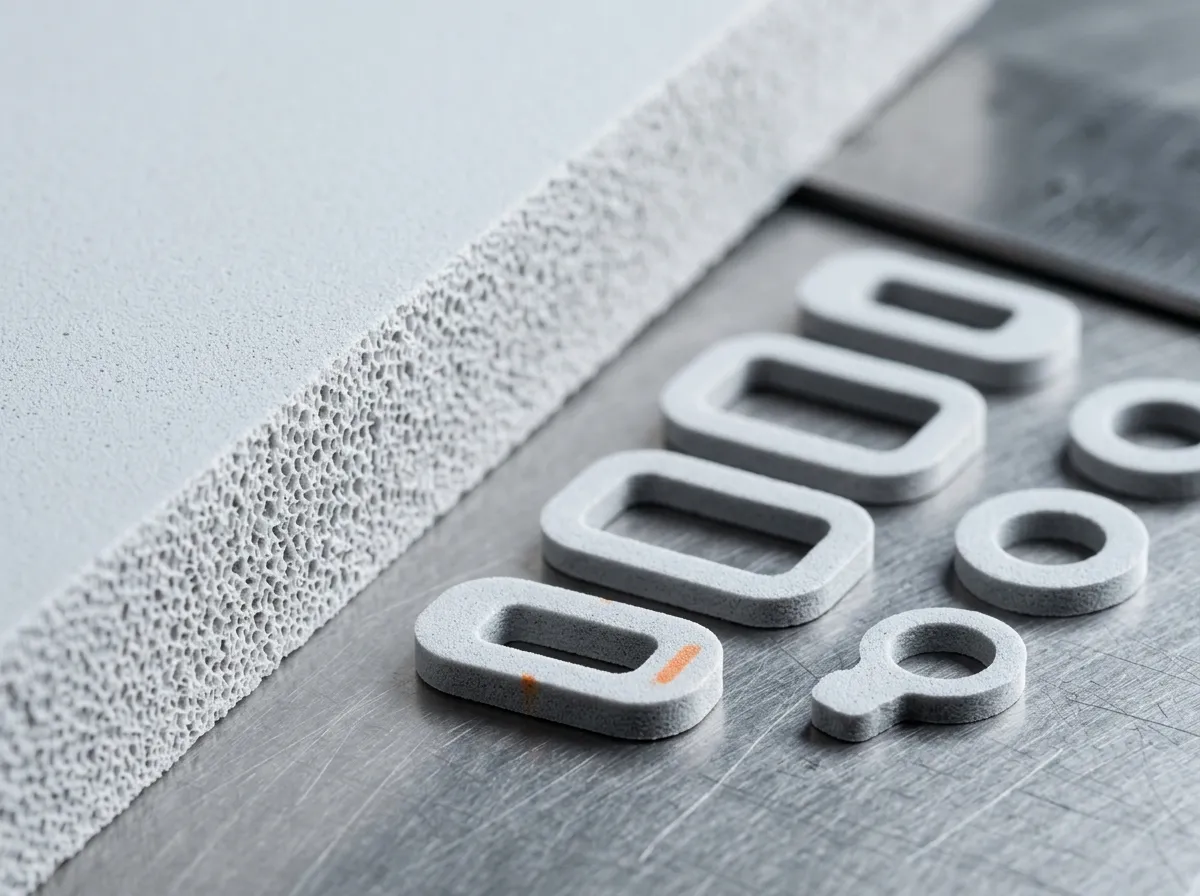 Closed-cell flame-retardant silicone foam sheet beside die-cut gasket parts