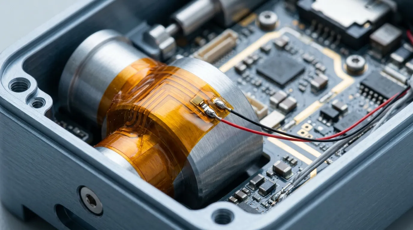 Small amber polyimide heating film conforming around a curved metal component inside a compact diagnostic instrument chassis with a micro temperature sensor and thin lead wires