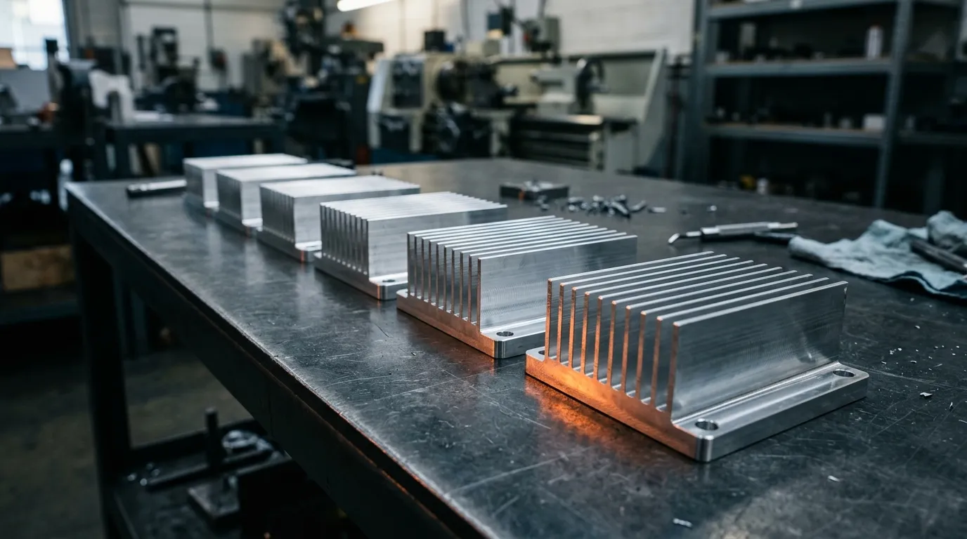 A row of identical machined aluminium heat sinks on a steel bench in a machine shop, the output of one controlled manufacturing site
