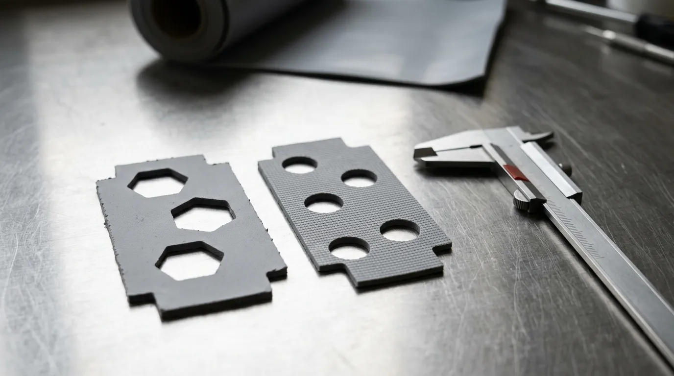 Two different grey thermal pads with different die-cut patterns on a stainless steel inspection bench beside a closed workshop caliper