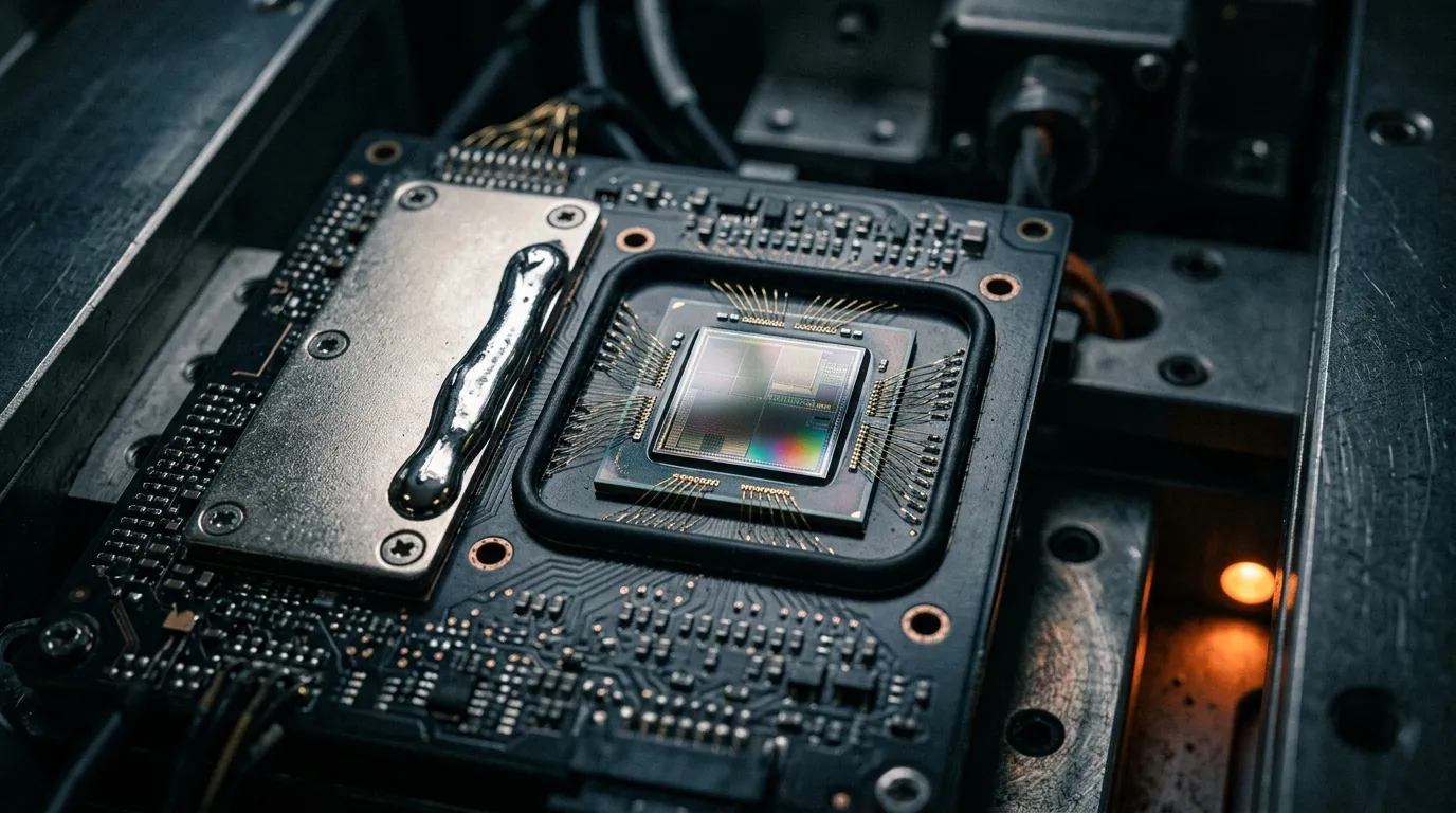 Macro photo of a die area on a circuit board with a dark containment gasket and a nickel-plated copper plate holding a bead of liquid metal