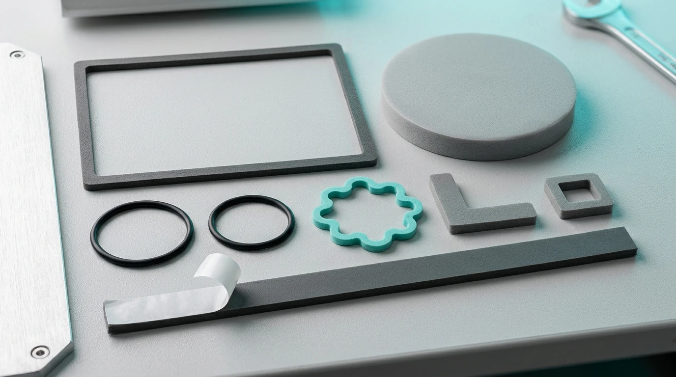 Die-cut silicone foam gaskets in several shapes and thicknesses: a frame gasket, a round pad, shaped cut-outs and an adhesive-backed strip with its liner peeled back