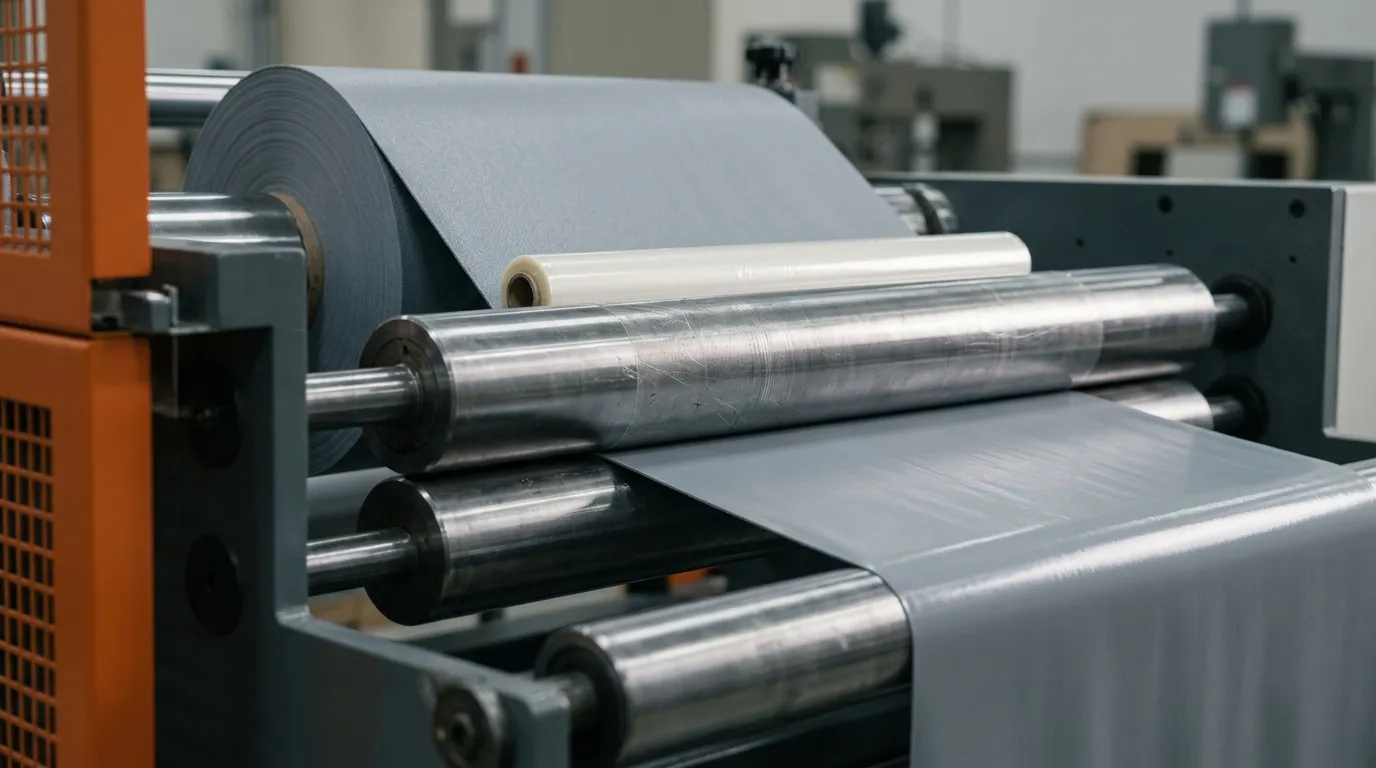 Photorealistic photograph of a converting line laminating adhesive film onto grey silicone thermal pad roll stock