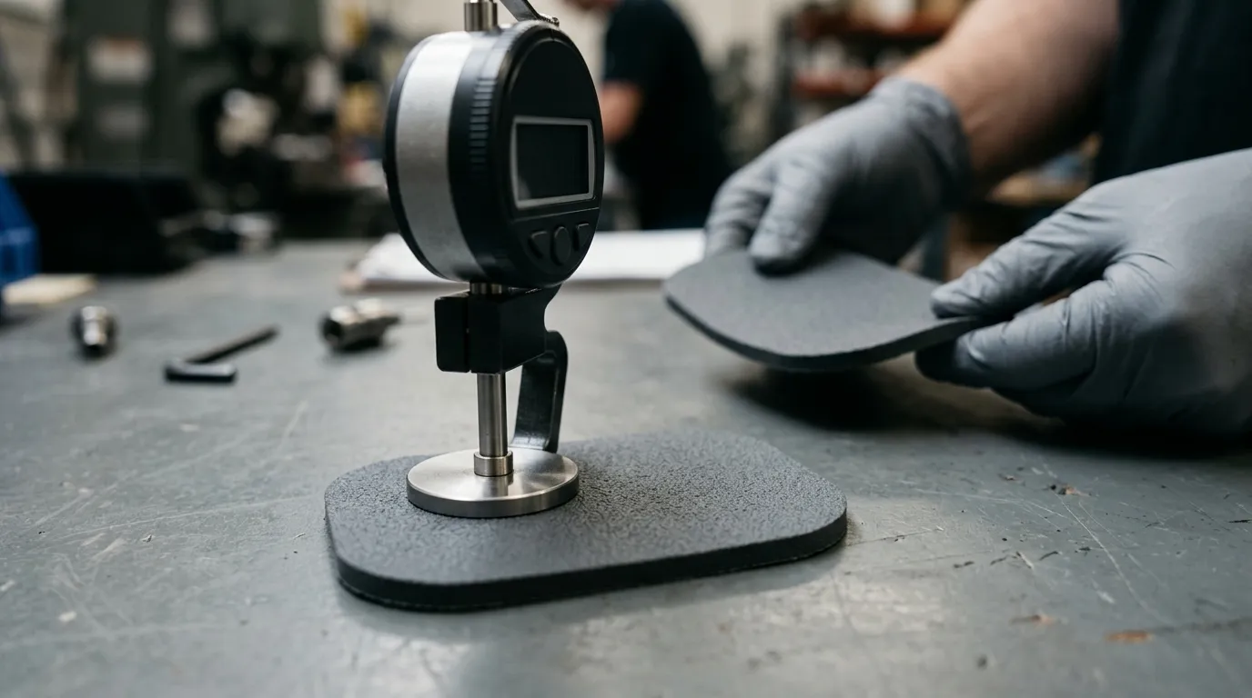 Photorealistic industrial photograph of a quality technician measuring the thickness of a die-cut silicone thermal pad with a digital gauge at an inspection bench
