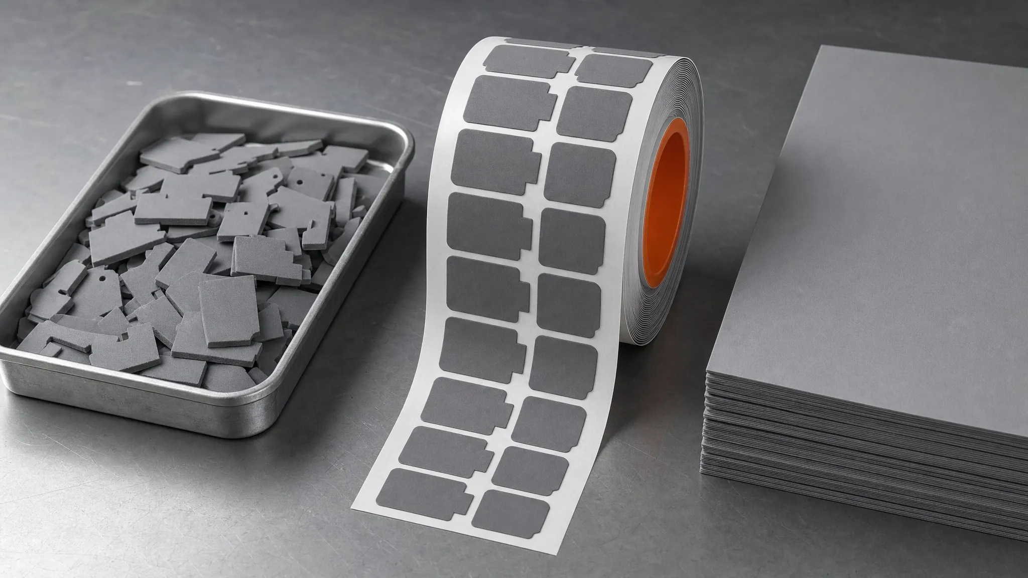 Photorealistic render of three die-cut supply formats: loose through-cut parts, kiss-cut parts on a liner roll and stacked sheet stock
