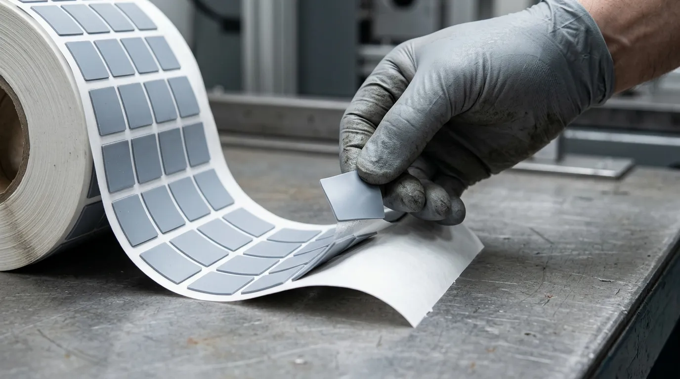 Photorealistic industrial photograph of kiss-cut thermal pads on a release liner roll, with a gloved hand peeling one part away from the liner