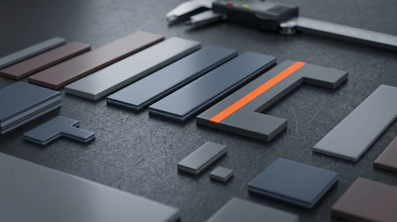 Custom die-cut thermal pads in assorted shapes and sizes arranged on a dark workbench