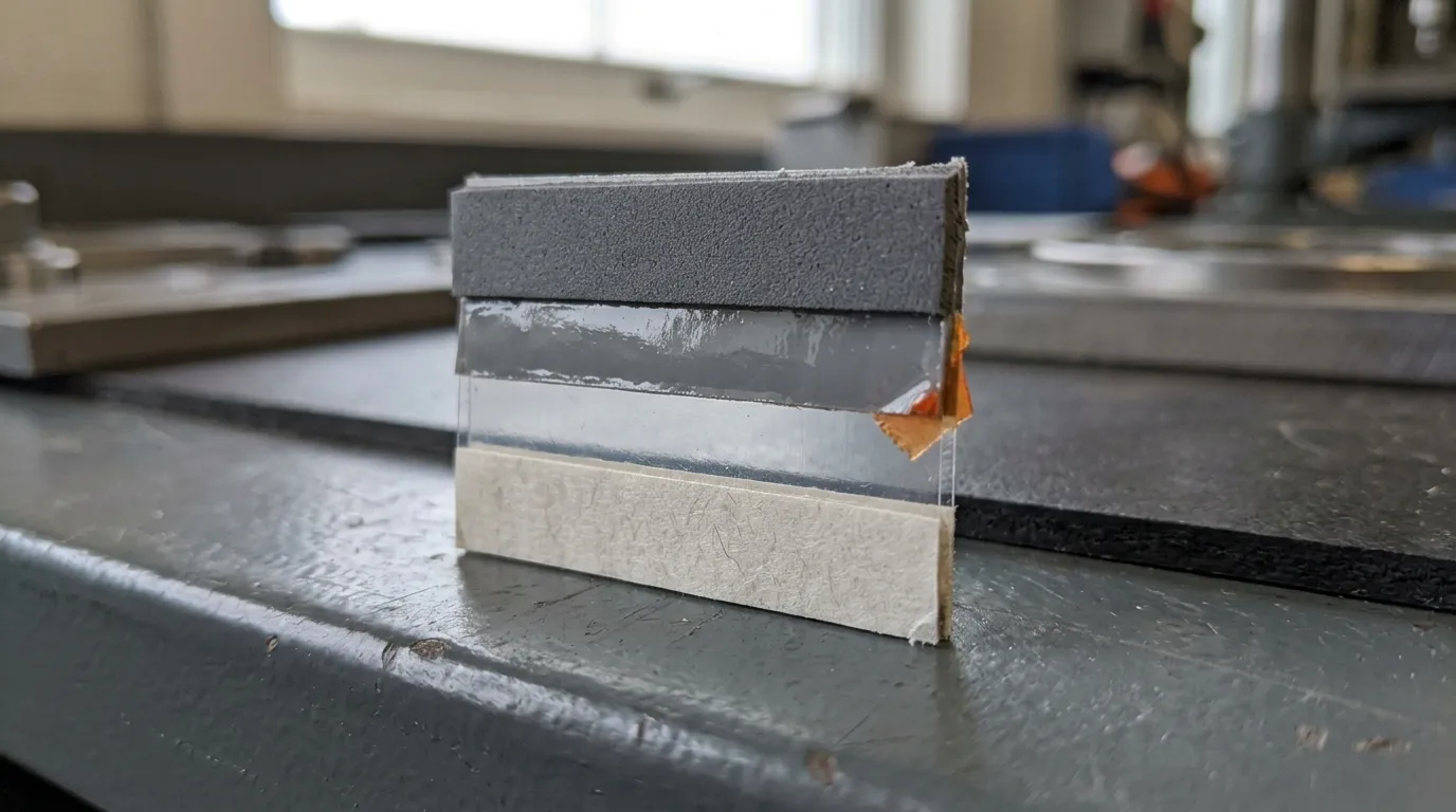 Photorealistic render of a four-layer die-cut thermal part — thermal pad, adhesive, carrier film and release liner — standing on edge on a workshop bench