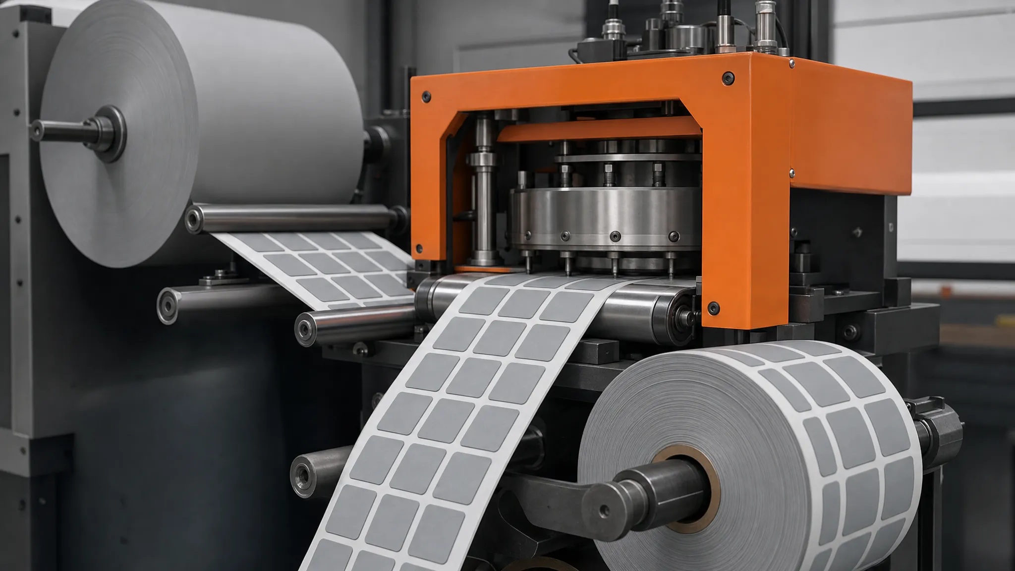 Photorealistic render of roll stock feeding a die-cutting press and emerging as kiss-cut thermal pads on an adhesive liner