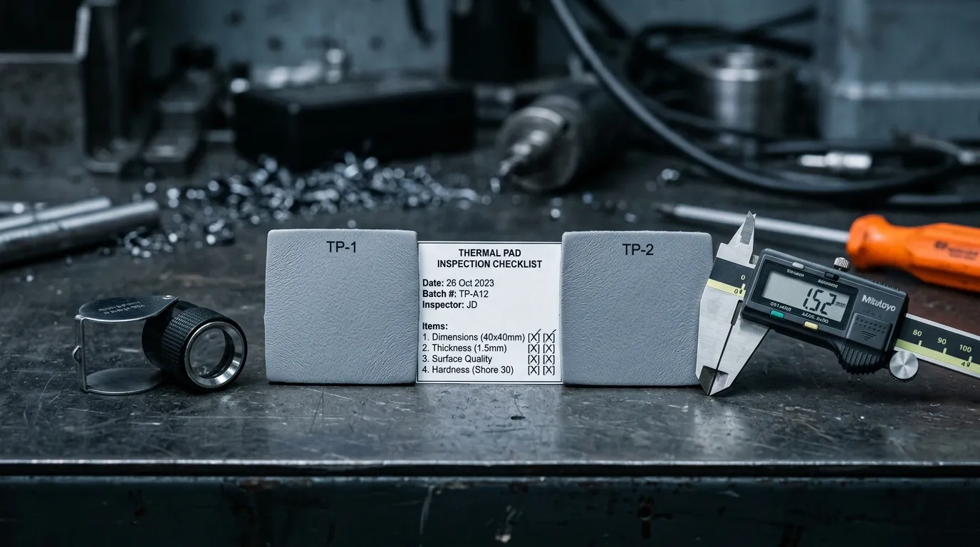 Two thermal pads compared against a datasheet checklist during a drop-in replacement matching workflow