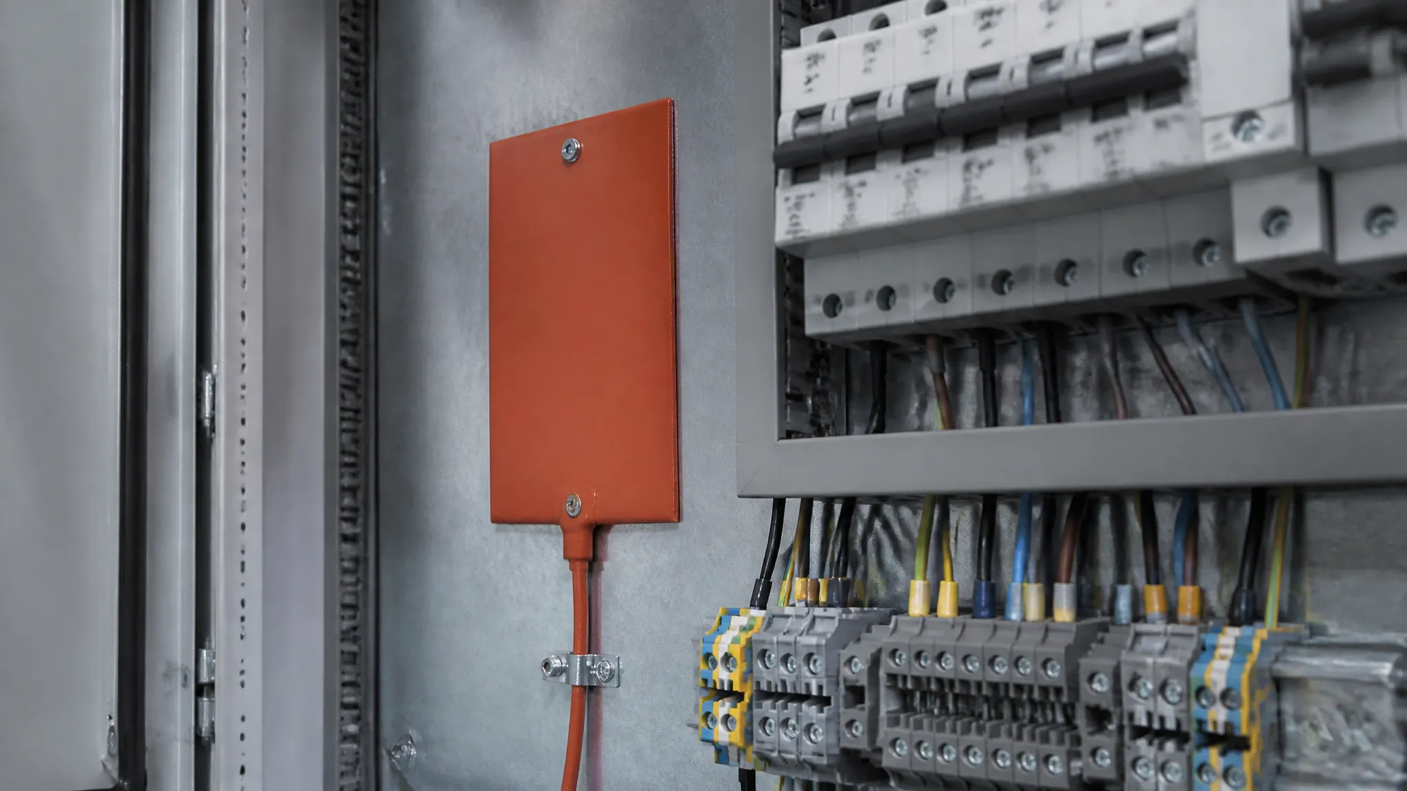 A low-wattage silicone heater pad installed inside an outdoor electrical enclosure to prevent condensation