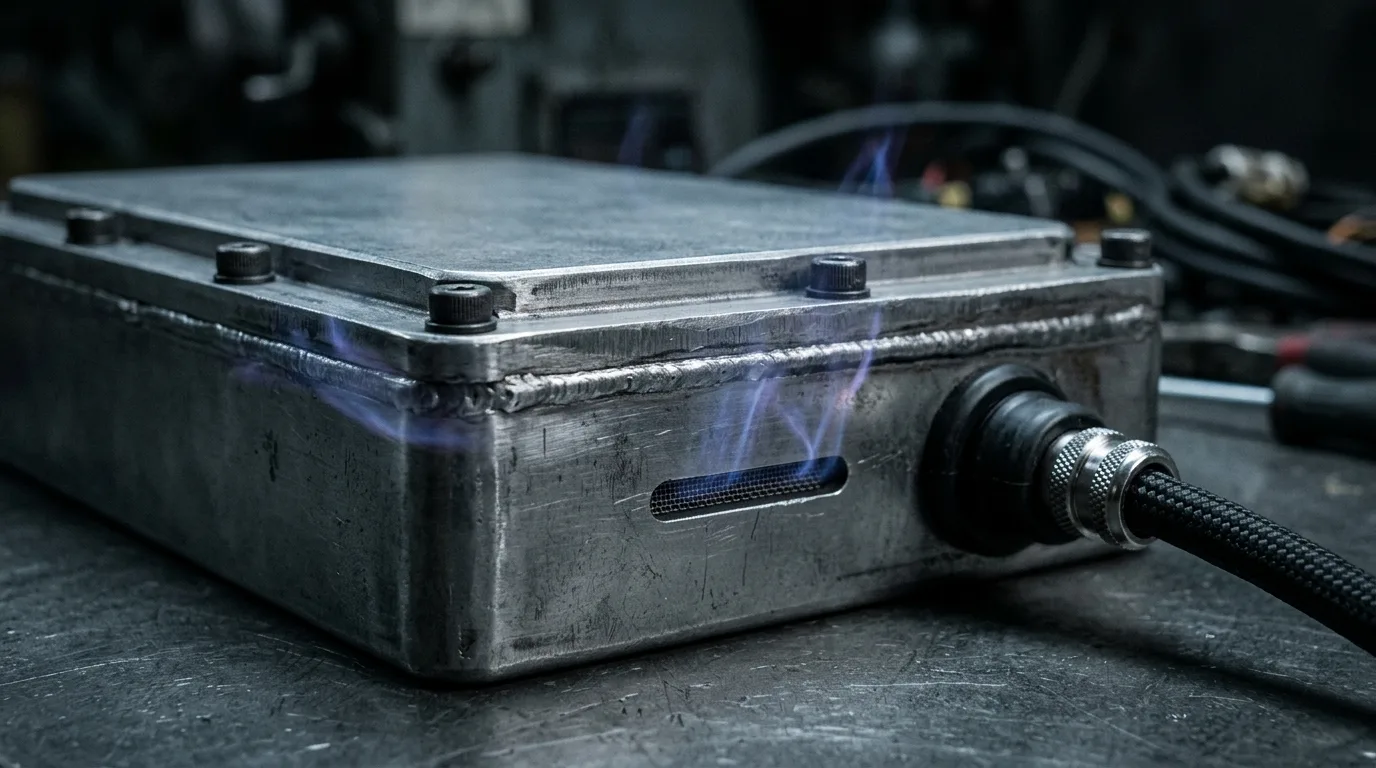 A bolted metal enclosure with a seam, a ventilated slot and a cable penetration where radio-frequency energy leaks out