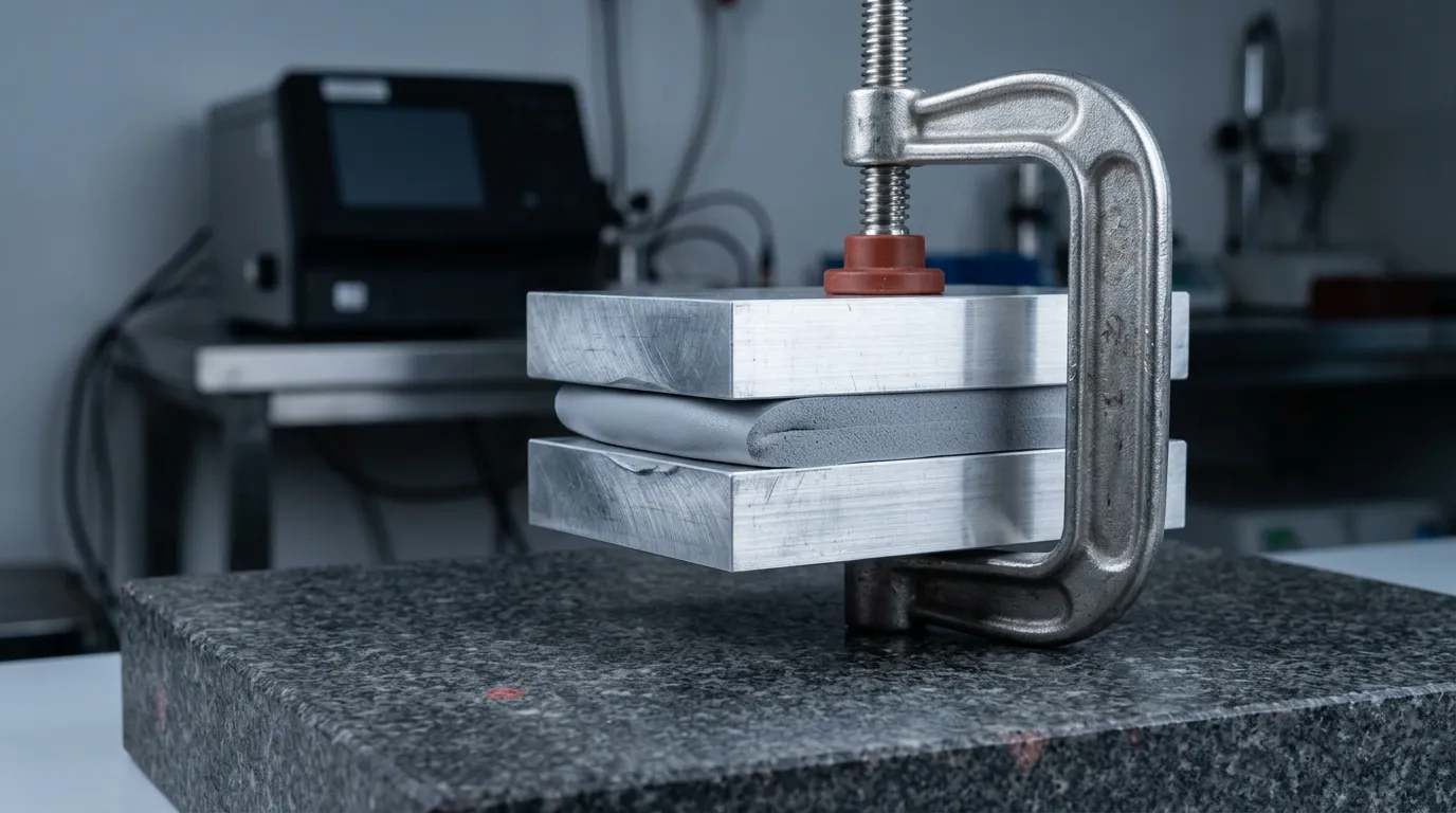 A grey thermal pad compressed between two machined aluminium platens under a steel clamp on a granite surface plate