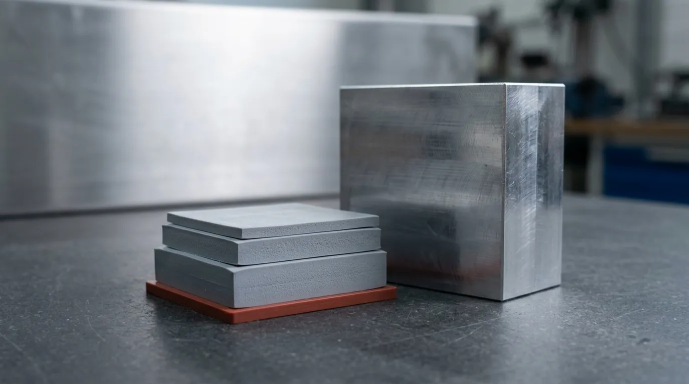 Three grey thermal pads of visibly different thickness stacked beside a machined aluminium block
