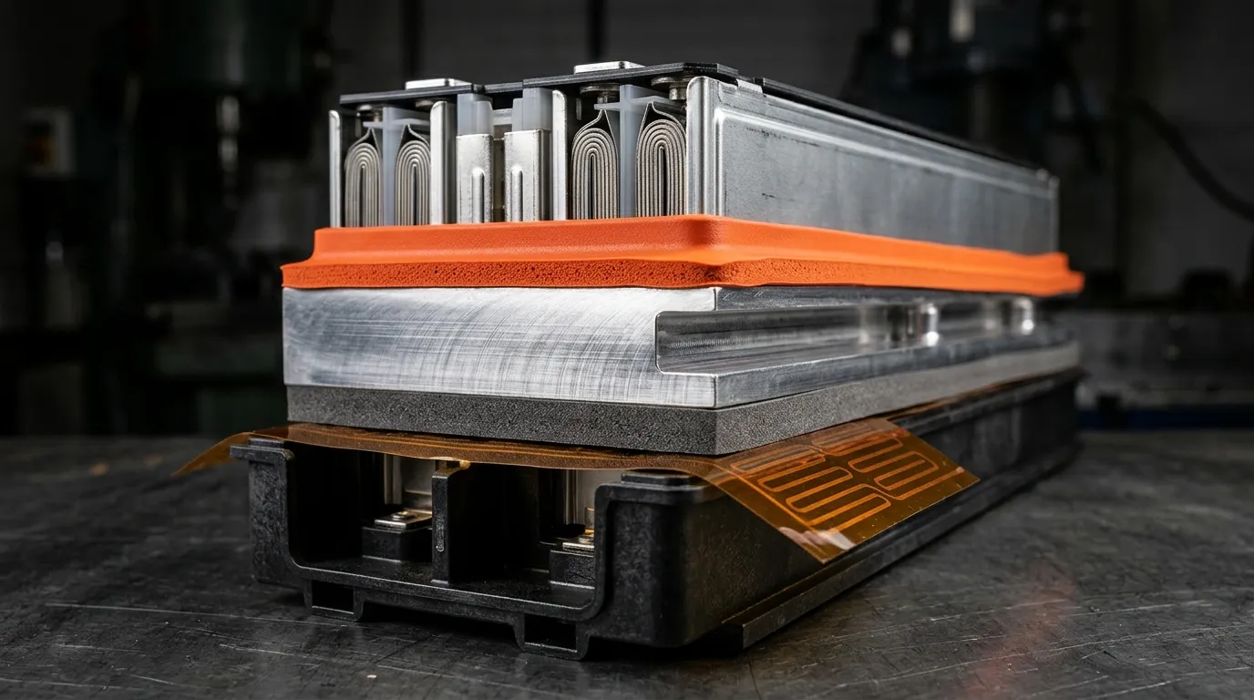 Side view of an EV battery module showing the cell tray, gray gap filler layer, aluminum cold plate and foam gasket