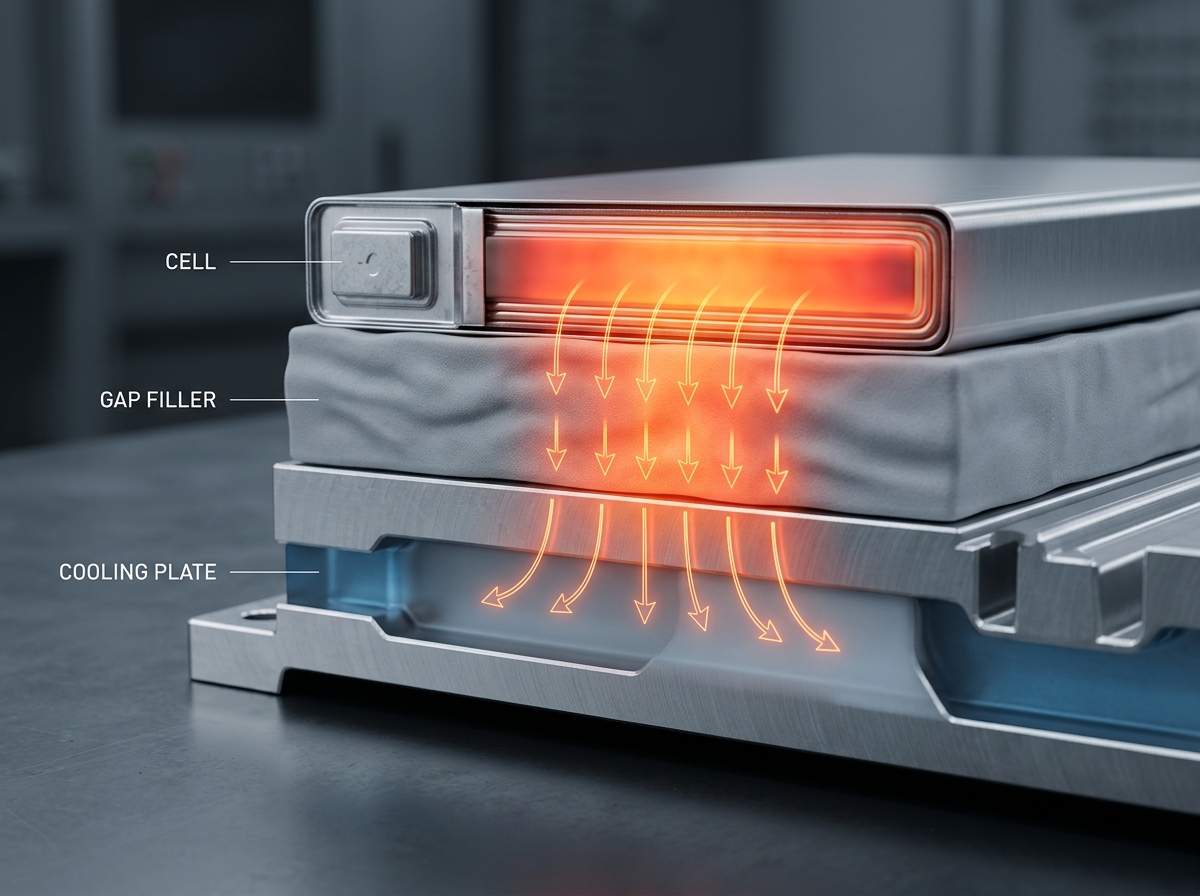 Heat flow path inside an EV battery module: cells transfer heat through the gap filler layer into the cooling plate below