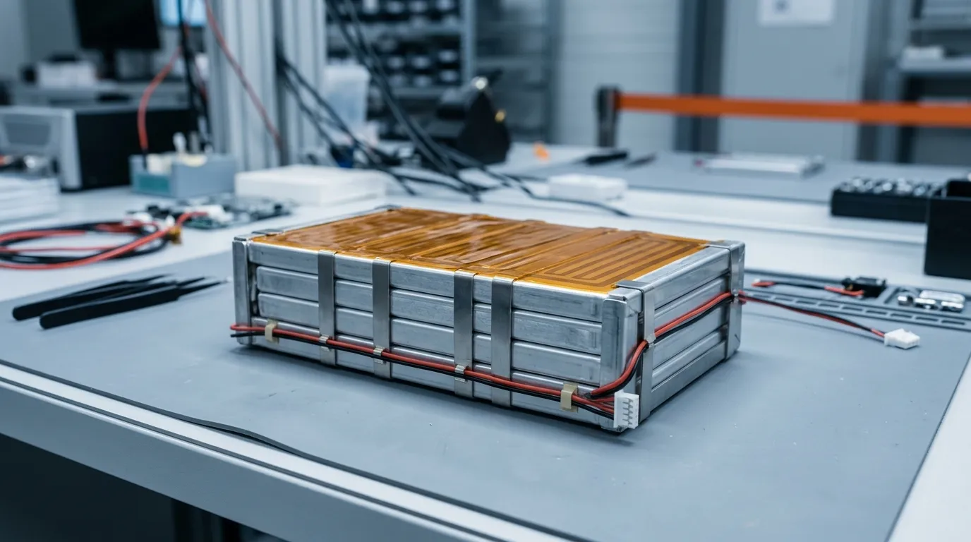 Prismatic lithium battery cell module with an ultra-thin amber polyimide heating film applied flat against the cell faces and insulated lead wires routed along the module edge