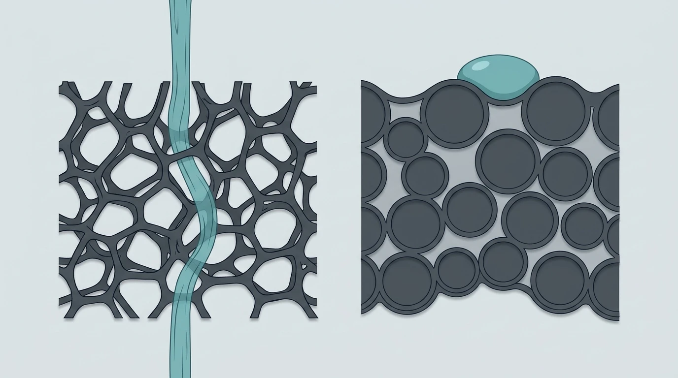 Cross-section comparison of open-cell foam with a continuous water path through connected pores and closed-cell foam with sealed cells blocking a water droplet