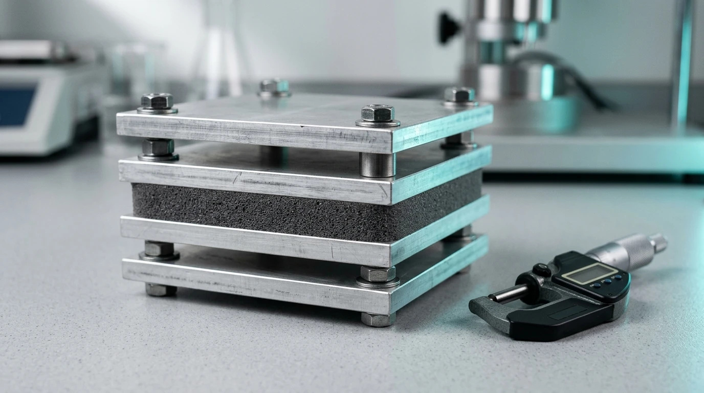 Compression set test fixture clamping a silicone foam specimen between bolted aluminium plates on a laboratory bench