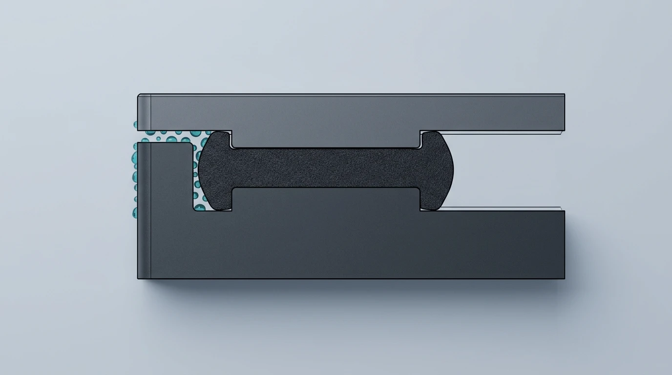 Cross-section of a foam gasket compressed in a machined groove between housing and lid, with water held back at the sealed joint