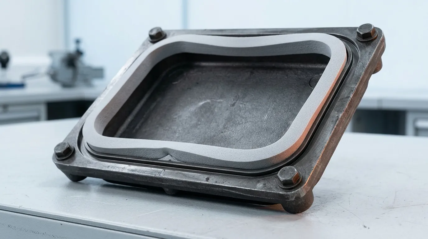 Flame-retardant silicone foam gasket seated in an enclosure flange groove before assembly