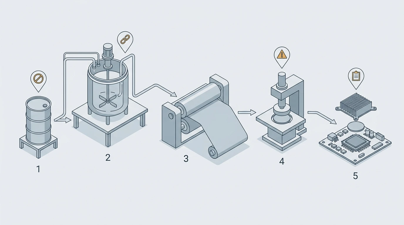 Five stages of a thermal material supply chain, with four unlabelled compliance markers attached at different points