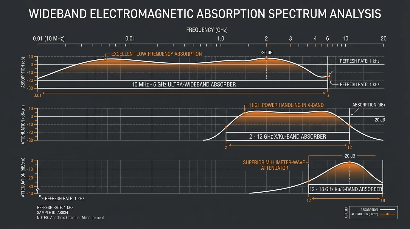 Absorption frequency bands from 10 MHz to 18 GHz with attenuation curves, three material classes on a dark engineering chart