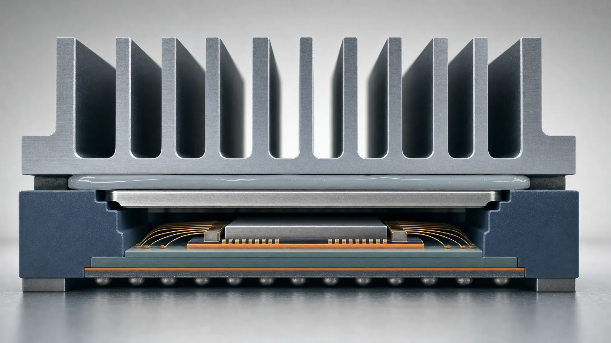 Cross-section of a thermal interface stack showing a compliant gap filler layer bridging a chip package and a heat sink