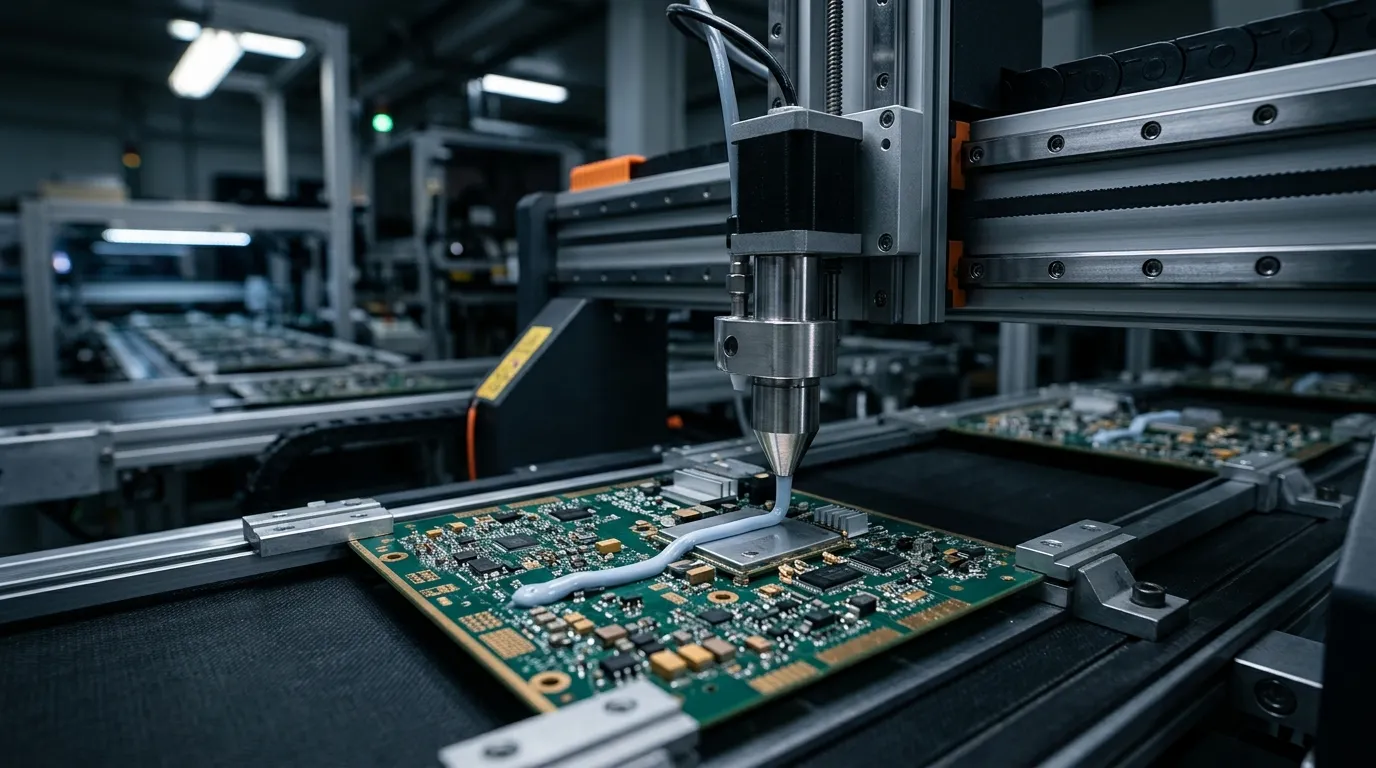 A robotic dispensing head laying a bead of thermal gap filler onto the power amplifier area of a telecom circuit board on an assembly line